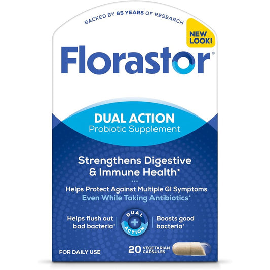 Florastor Dual Action Probiotics 20 Capsules front packaging view showing digestive and immune health supplement benefits.