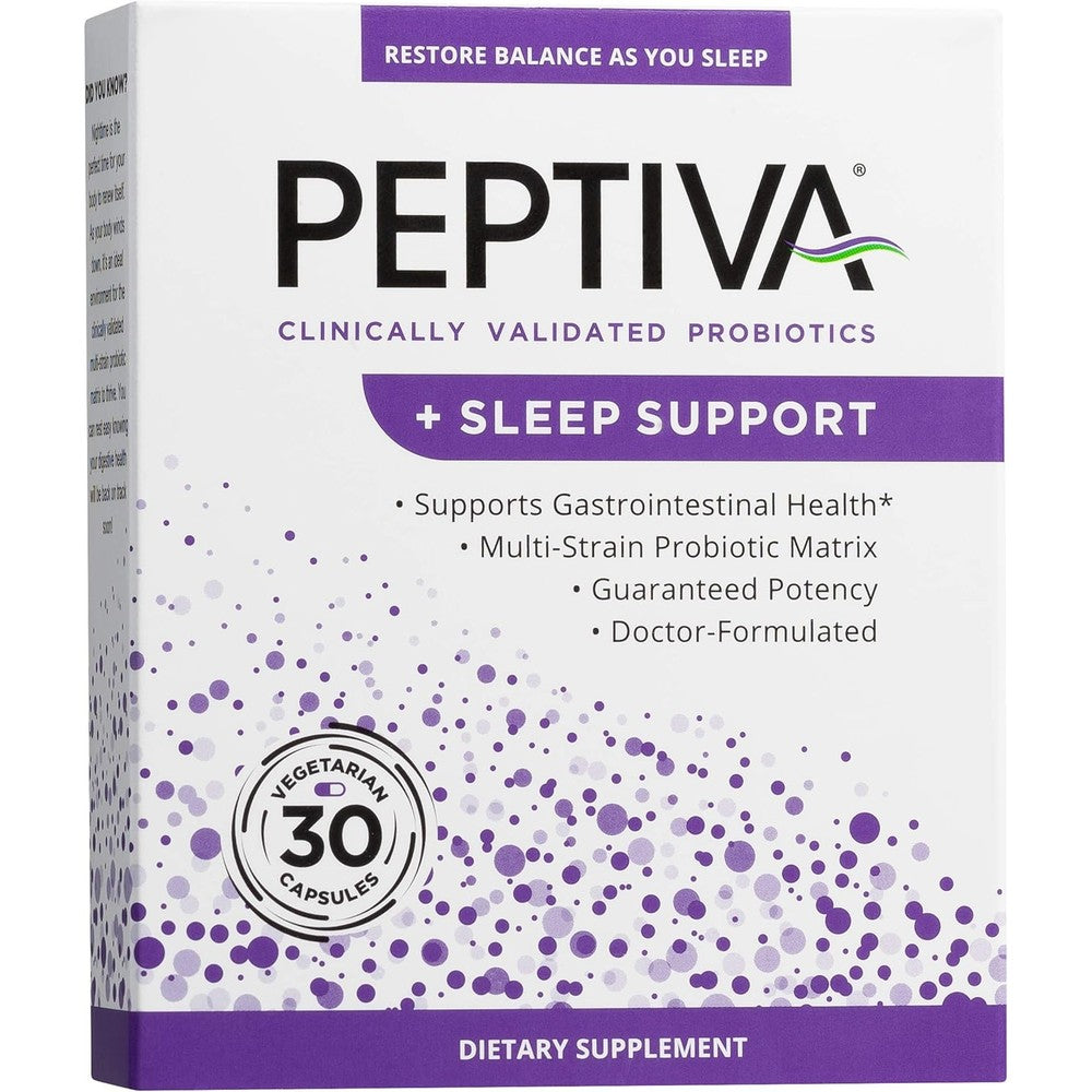 Peptiva 26 Billion CFU Probiotic and Sleep Support 30 capsules front packaging bottle for gut health