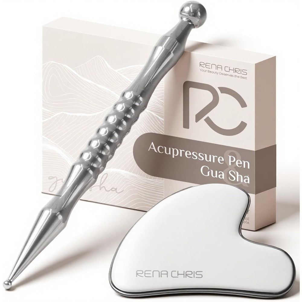 Rena Chris Stainless Steel Acupuncture Pen and Gua Sha set front view for reflexology.