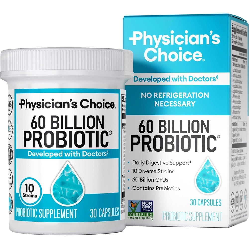 Physician's Choice Probiotics 60 Billion CFU front view of the packaging for daily digestive health.