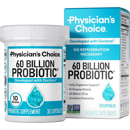 Physician's Choice Probiotics 60 Billion CFU front view of the packaging for daily digestive health.