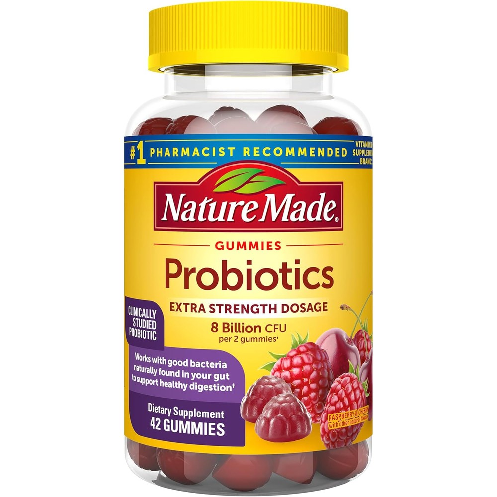 Nature Made Ultra Strength Digestive Probiotics Gummies front view bottle for adult gut health.