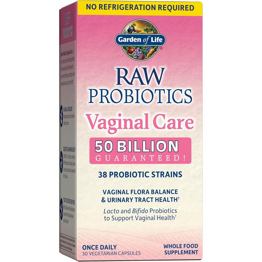 Garden of Life Raw Probiotics Vaginal Care 30 capsules front packaging view for premium women health supplements.
