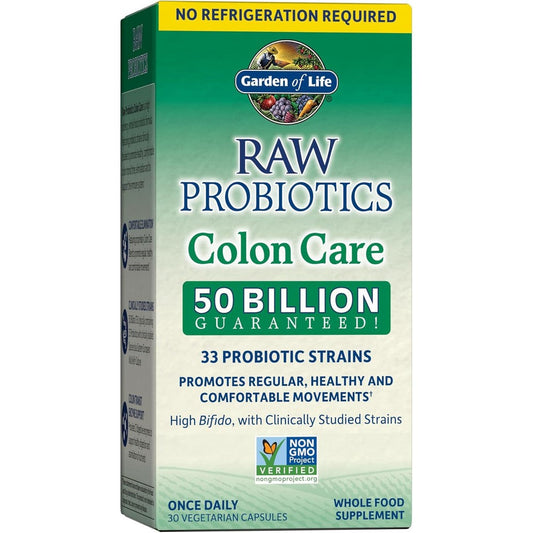 Garden of Life Raw Probiotics Colon Care 30 capsules front view bottle packaging for gut wellness