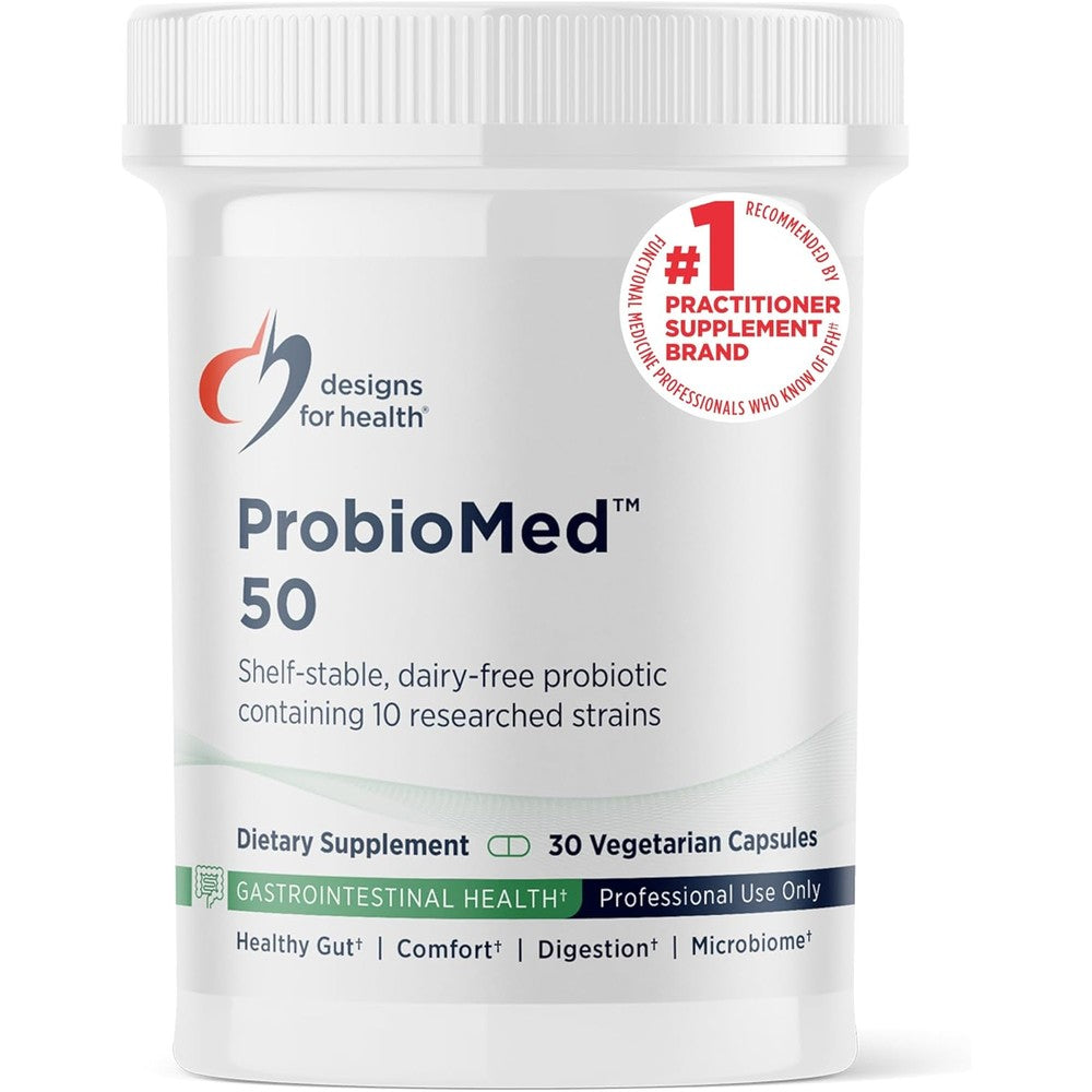 Designs For Health ProbioMed 50 front bottle view with probiotic supplement details