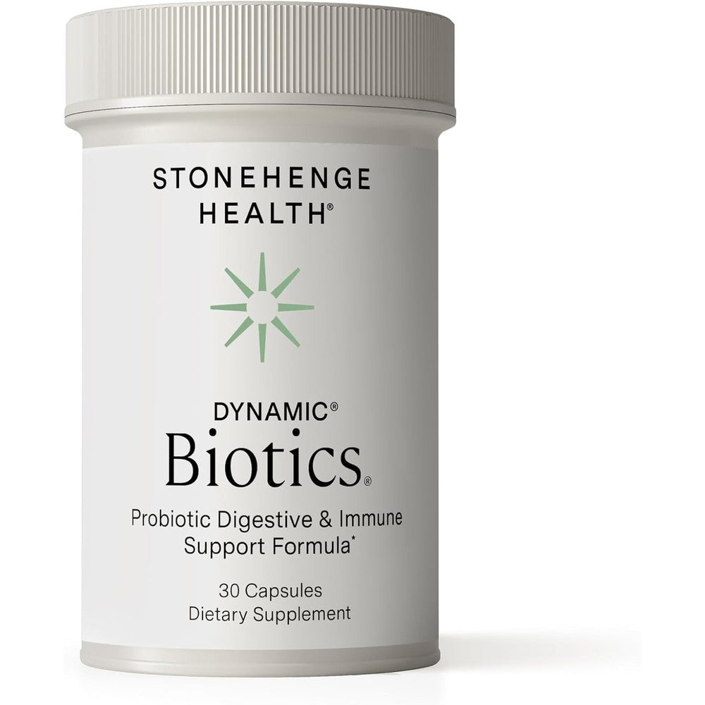 Stonehenge Health Dynamic Biotics front view bottle of imported USA probiotics for gut health