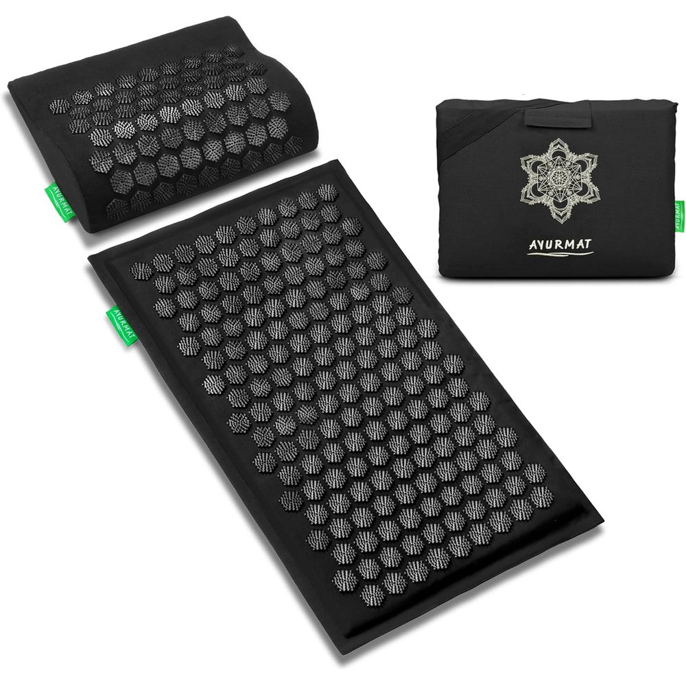 AyurMat Premium Acupressure Mat and Pillow Set front view with black linen finish.
