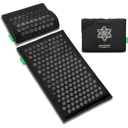 AyurMat Premium Acupressure Mat and Pillow Set front view with black linen finish.