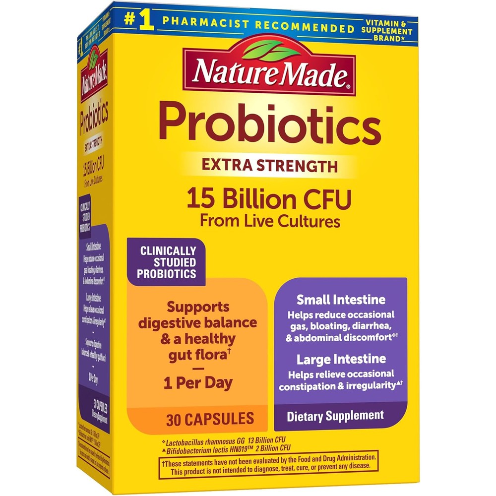Nature Made Probiotics Extra Strength 15 Billion CFU Capsules front bottle view for daily digestive balance.