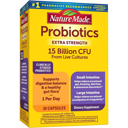 Nature Made Probiotics Extra Strength 15 Billion CFU Capsules front bottle view for daily digestive balance.