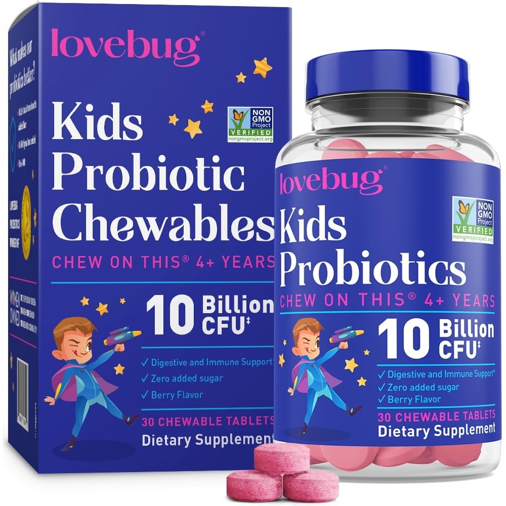 Lovebug Kids Probiotic Chewables 30 Tablets front view showcasing the packaging for children digestive health.