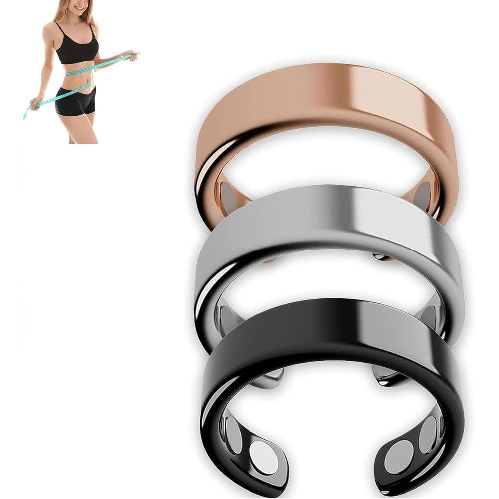 IENRGJ Magnetic Rings front view 3 piece set in silver and black.