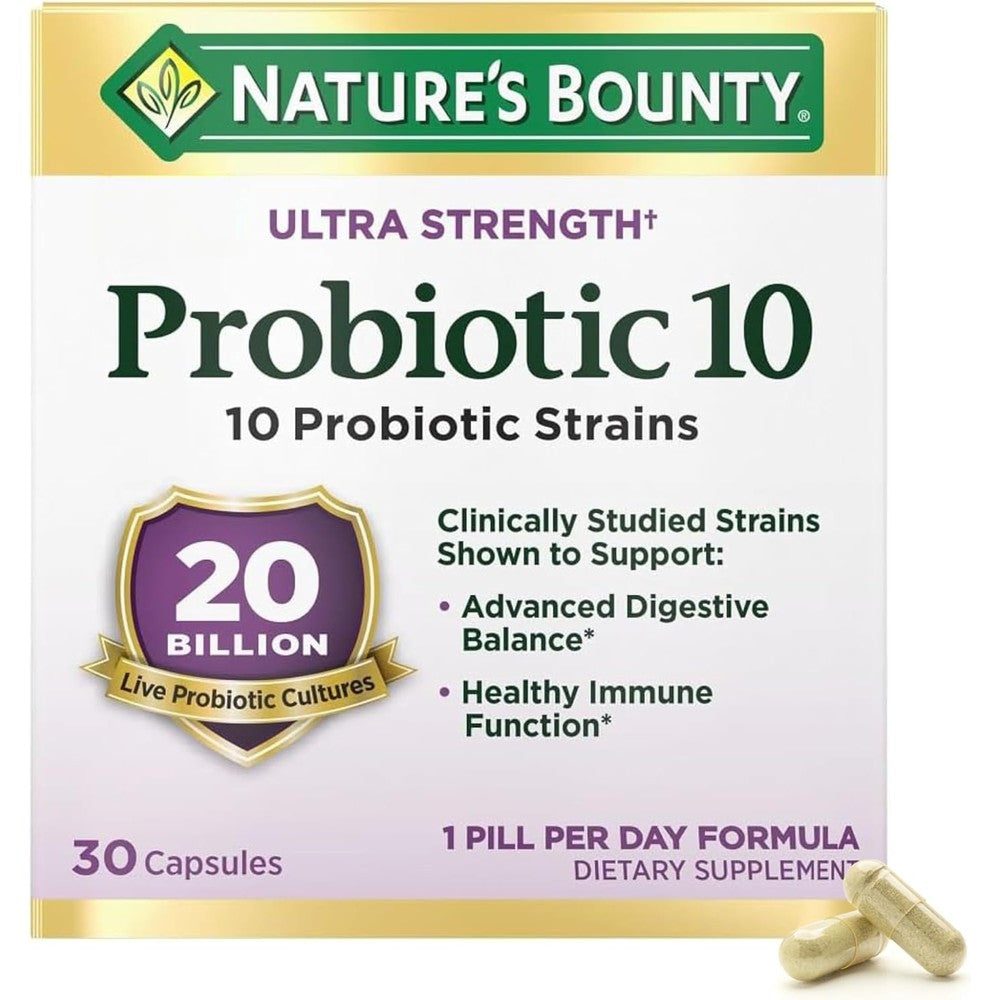 Nature's Bounty Ultra Strength Probiotic 10 30 capsules front view packaging for daily digestive support
