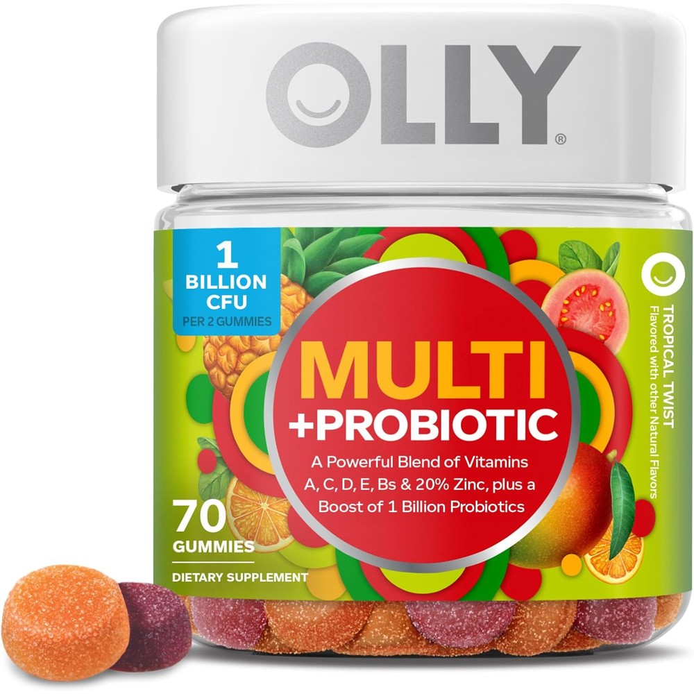 OLLY Multi + Probiotic adult multivitamin chewable supplement front packaging view showing tropical twist flavor.