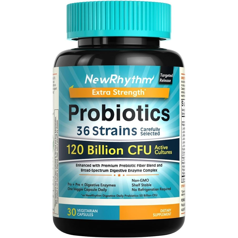 NewRhythm Extra Strength Probiotics front view of the 30 capsules bottle for authentic gut health support