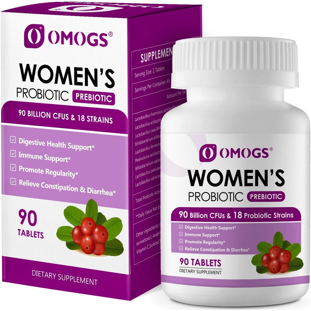 OMOGS Women's Organic Probiotic 90 tablets front view packaging showing 90 billion CFUs potency for immune and digestive health.