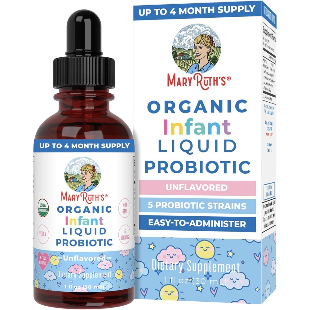 MaryRuth Organics USDA Organic Infant Liquid Probiotic Drops front view bottle with dropper for baby digestive health.