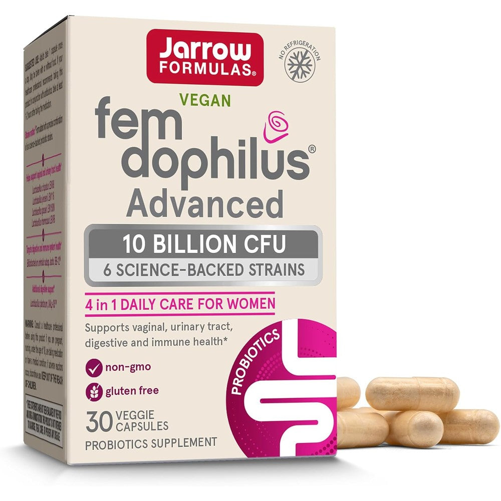 Jarrow Formulas Fem-Dophilus Advanced 30 vegan capsules front view authentic bottle packaging.