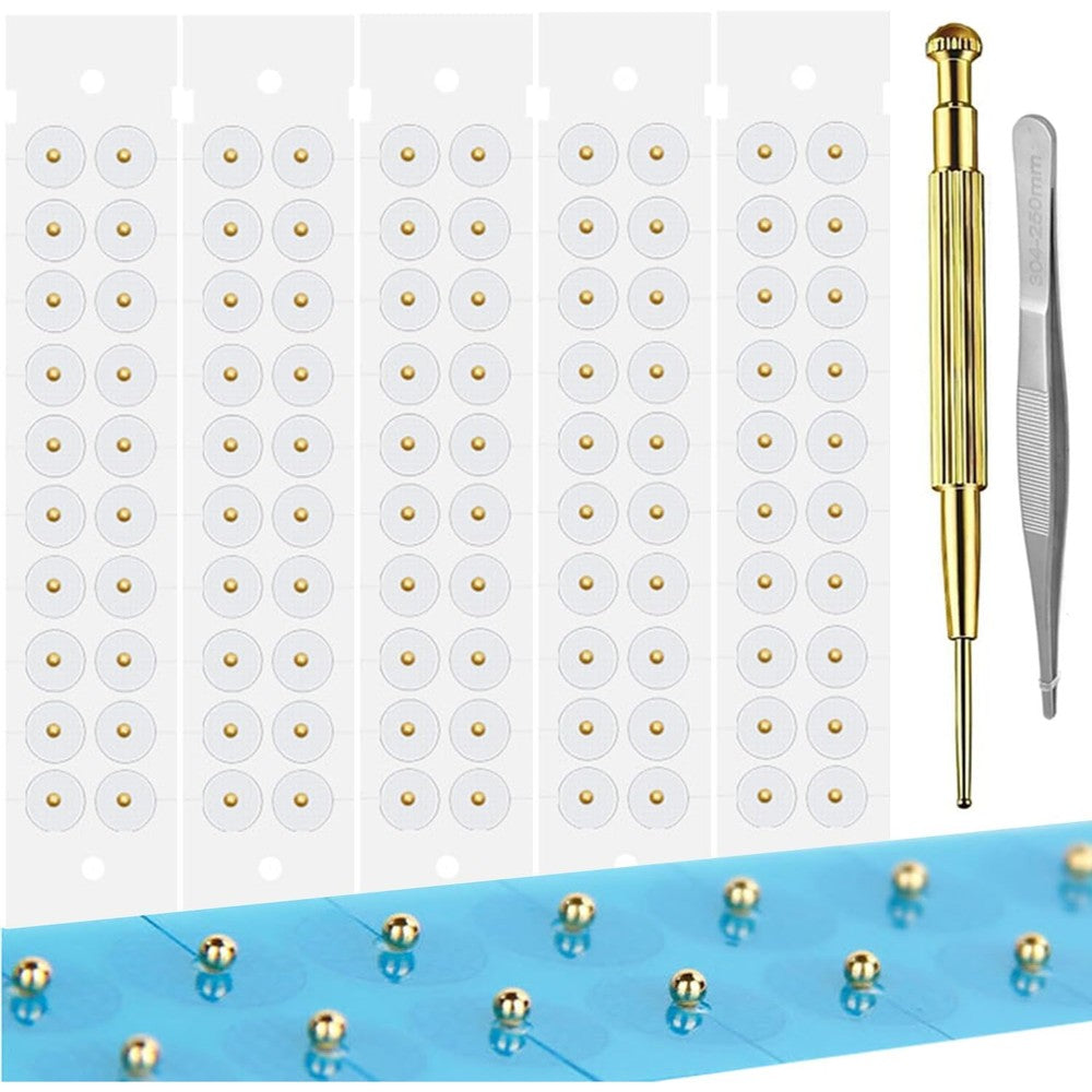 Litelogy Ear Seeds Acupuncture Kit front view showing 100 gold pieces and brass probe