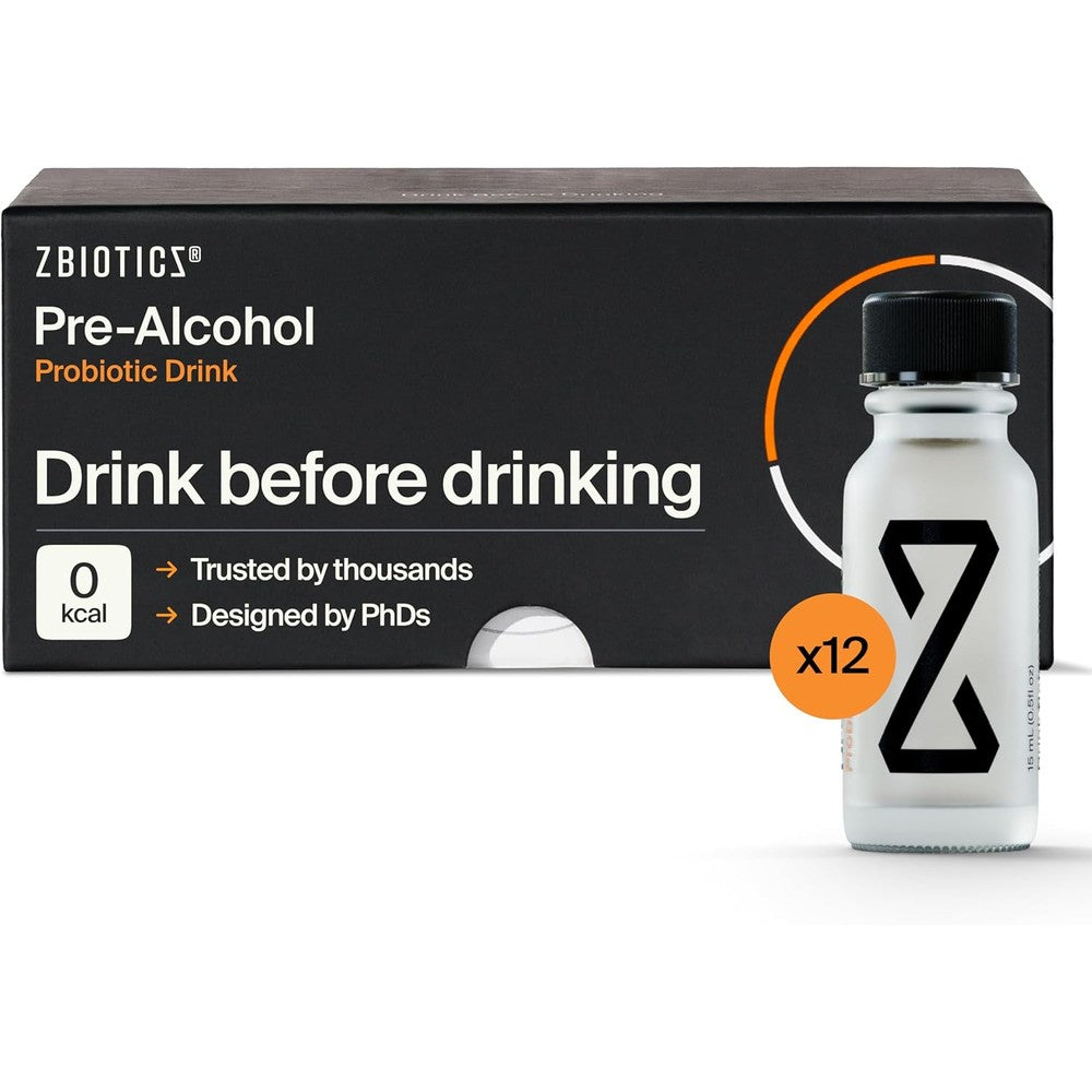ZBiotics Pre Alcohol Probiotic Drink 12 pack front view on premium wellness display