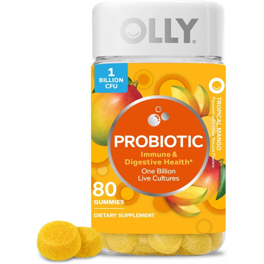 OLLY Probiotic Gummy Chewable Probiotic Supplement Tropical Mango 80 Count front packaging view