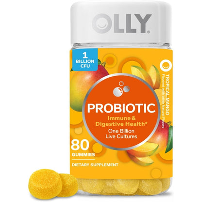 OLLY Probiotic Gummy Chewable Probiotic Supplement Tropical Mango 80 Count front packaging view