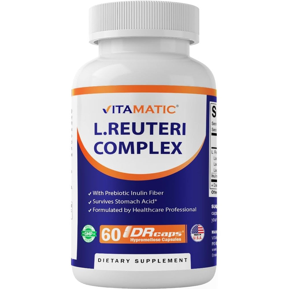 Vitamatic Lactobacillus Reuteri Complex bottle front view showing capsule count and potency.