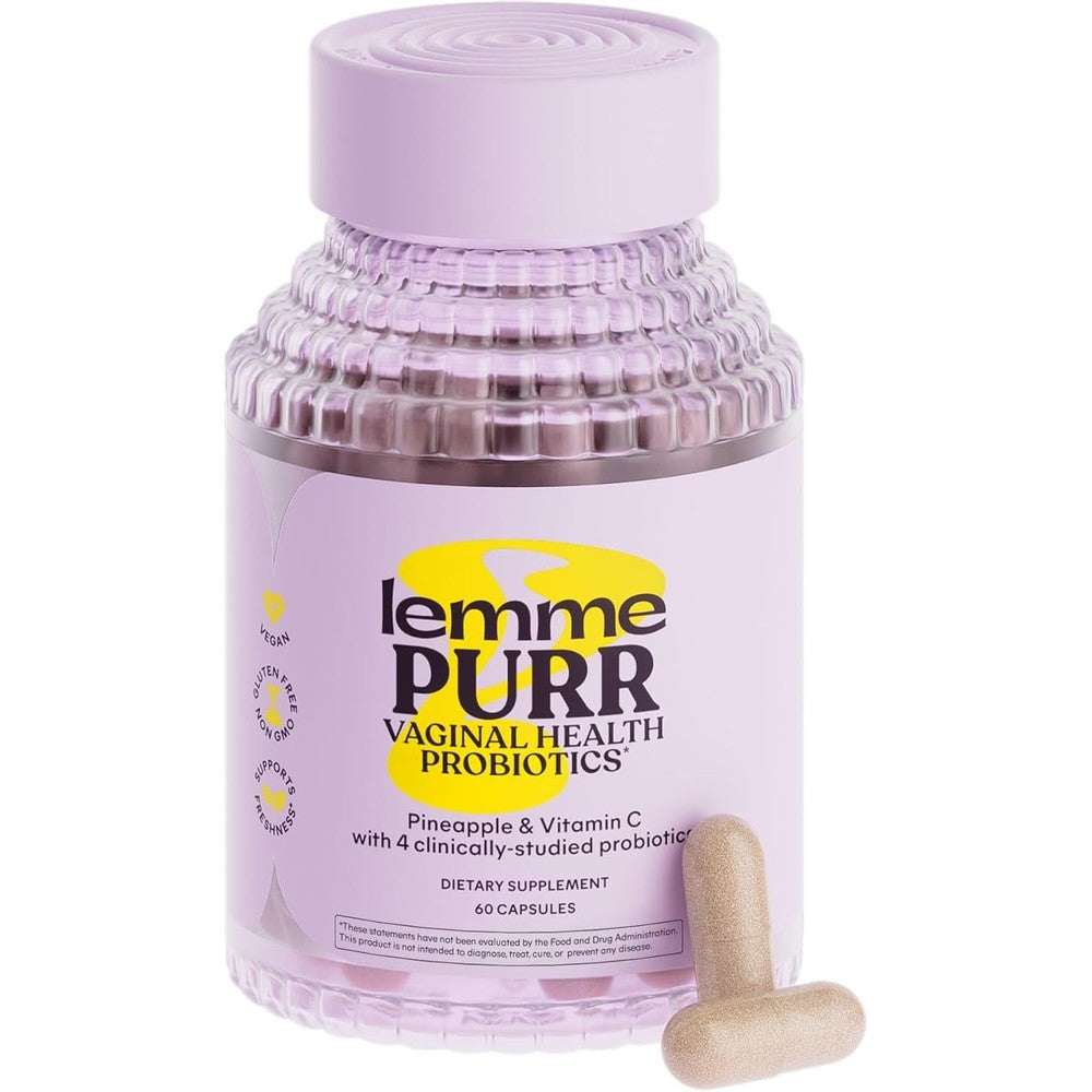 Lemme Purr Vaginal Probiotics 60 Veggie Capsules front view showing authentic USA import packaging.