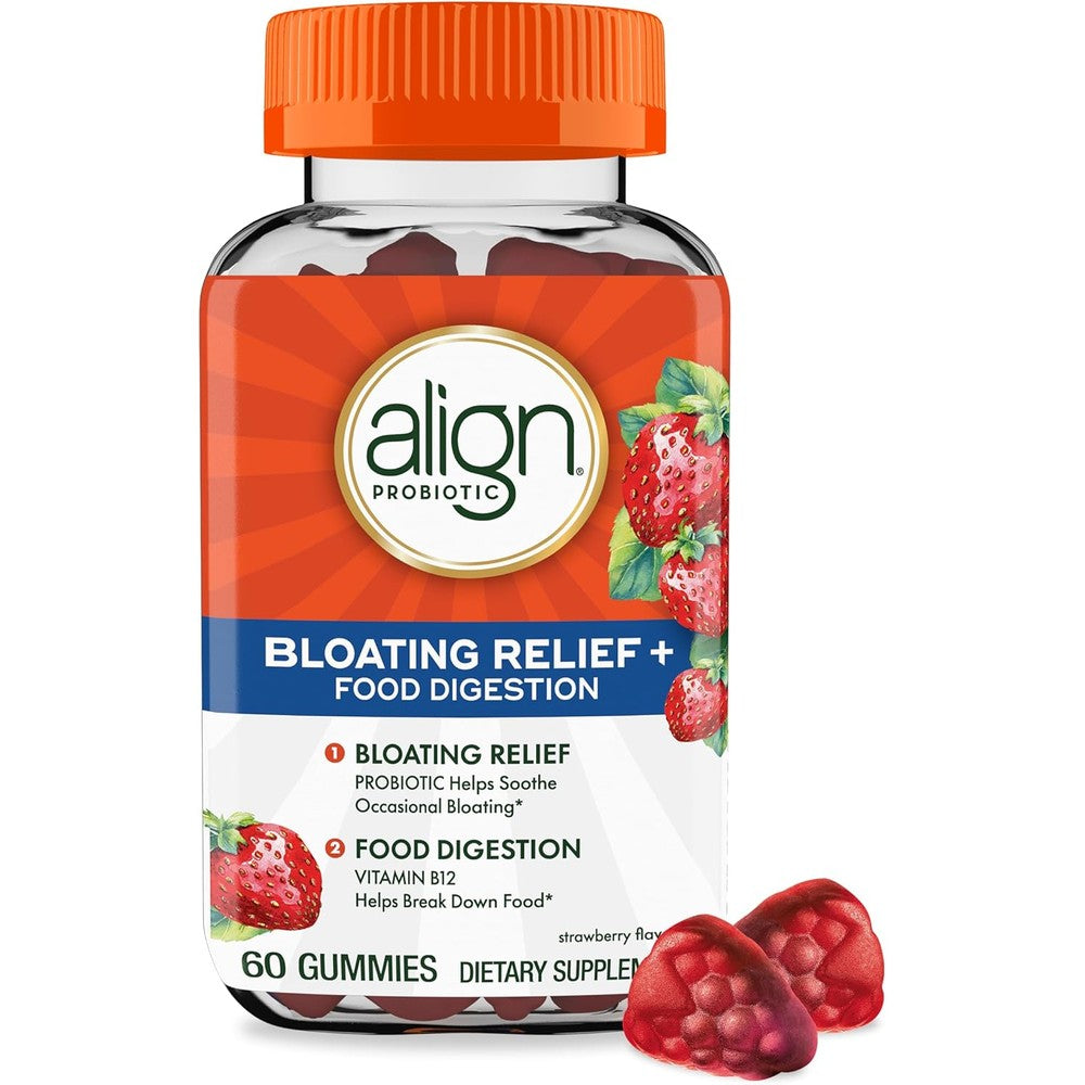 Align Probiotic Bloating Relief and Food Digestion 60 Gummies front view showing strawberry flavor details.