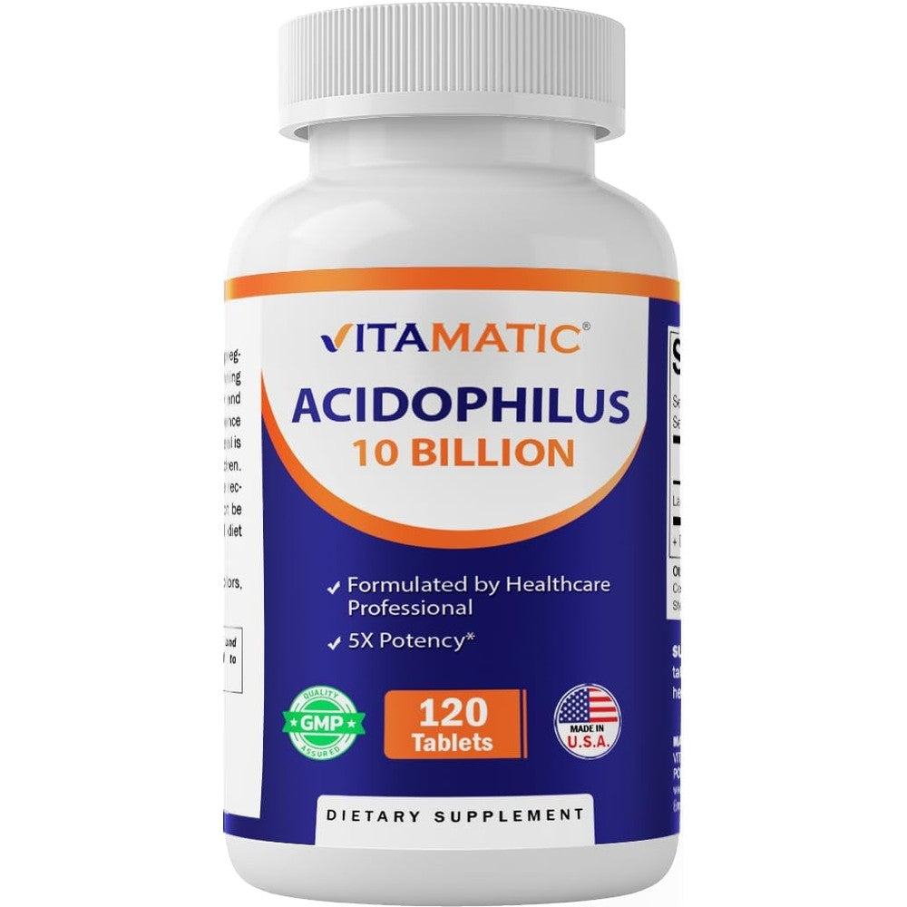 Vitamatic Acidophilus Probiotic 10 Billion CFU 120 Tablets front view bottle for digestive health