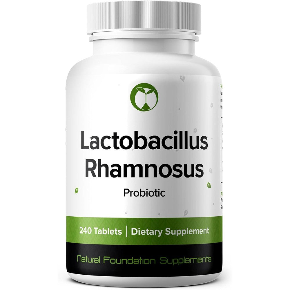 Natural Foundation Supplements Lactobacillus Rhamnosus Probiotic front view showing 240 tablets bottle.