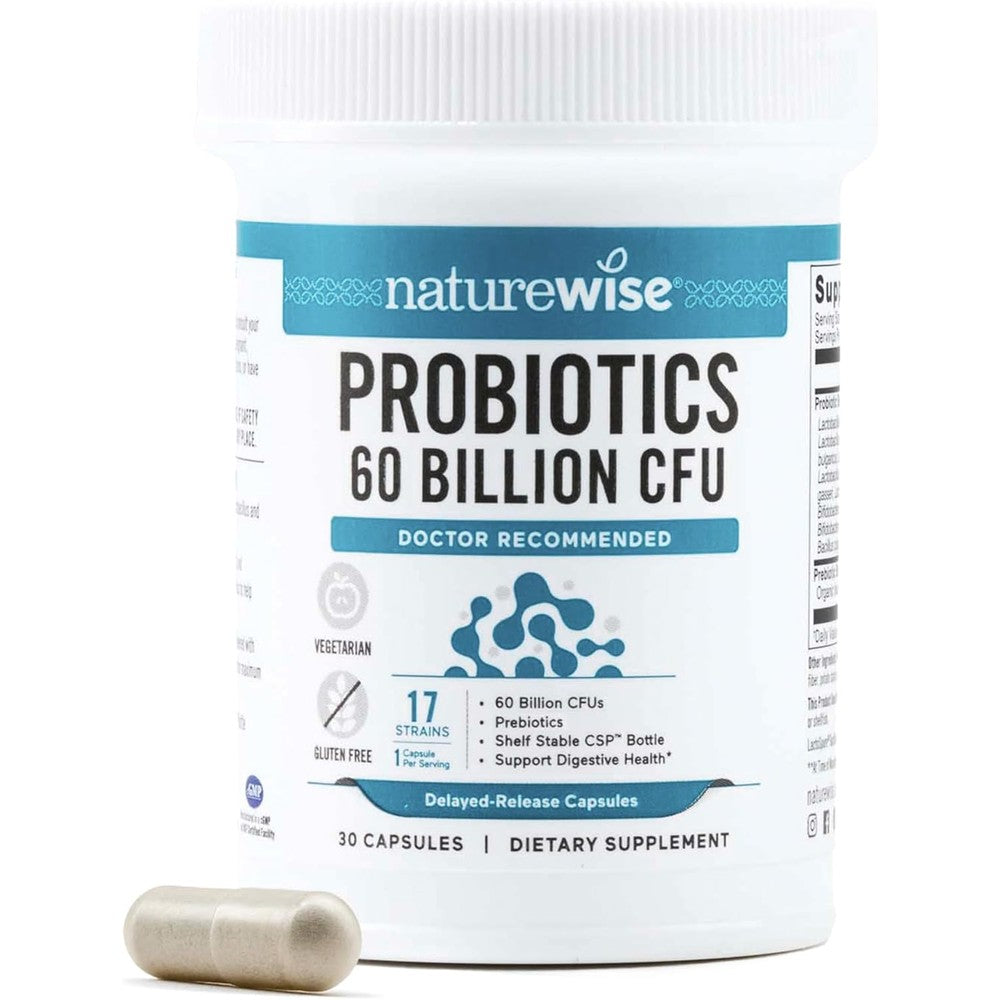 NatureWise Probiotics 60 Billion CFU 30 Capsules front view showing product packaging and strain count for gut health.