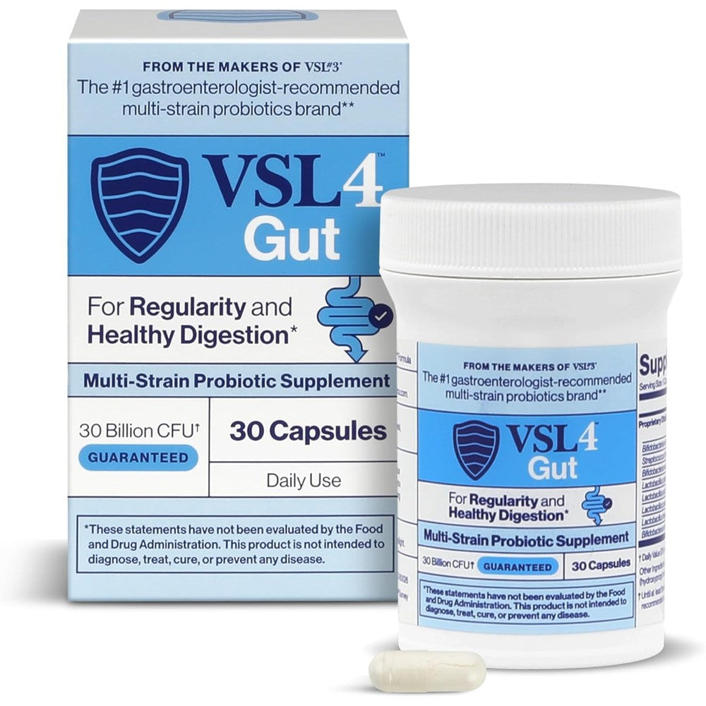 VSL4 Gut Daily Probiotic supplement front bottle view showing 30 billion CFU and 30 capsules packaging.