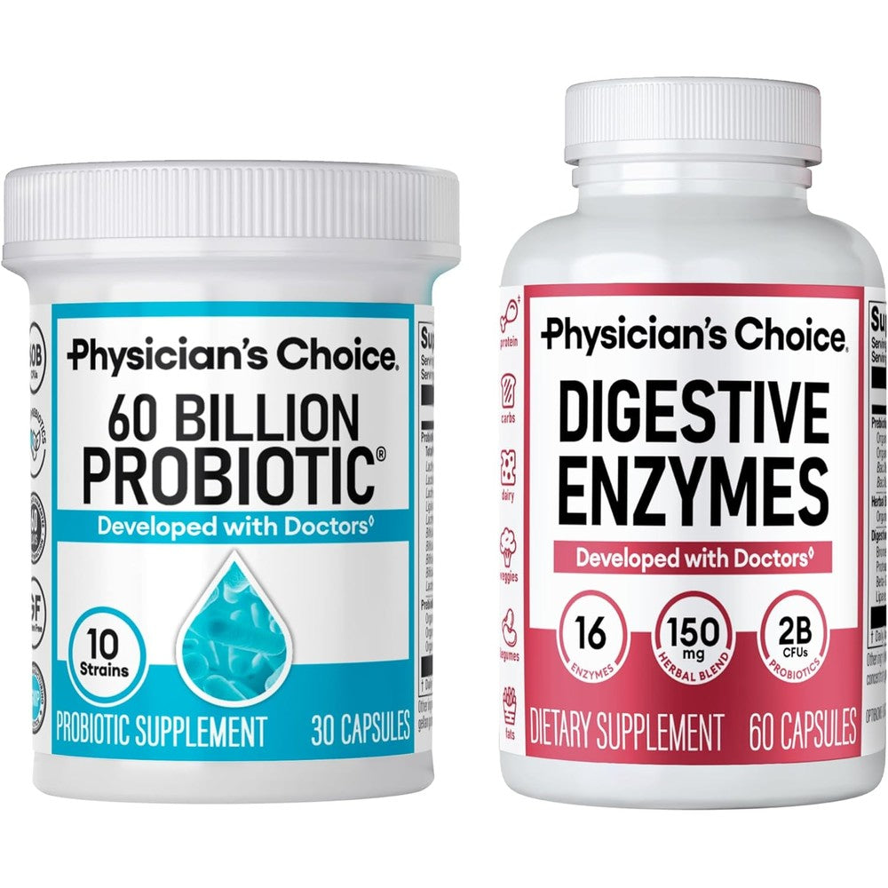 Physicians Choice Advanced Gut Health Bundle front view of probiotic and digestive enzyme bottles