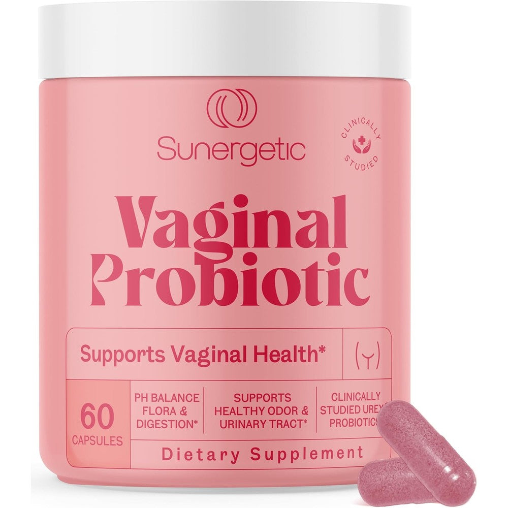 Sunergetic Premium Vaginal Probiotics 60 capsules front view bottle showing women's intimate health supplement