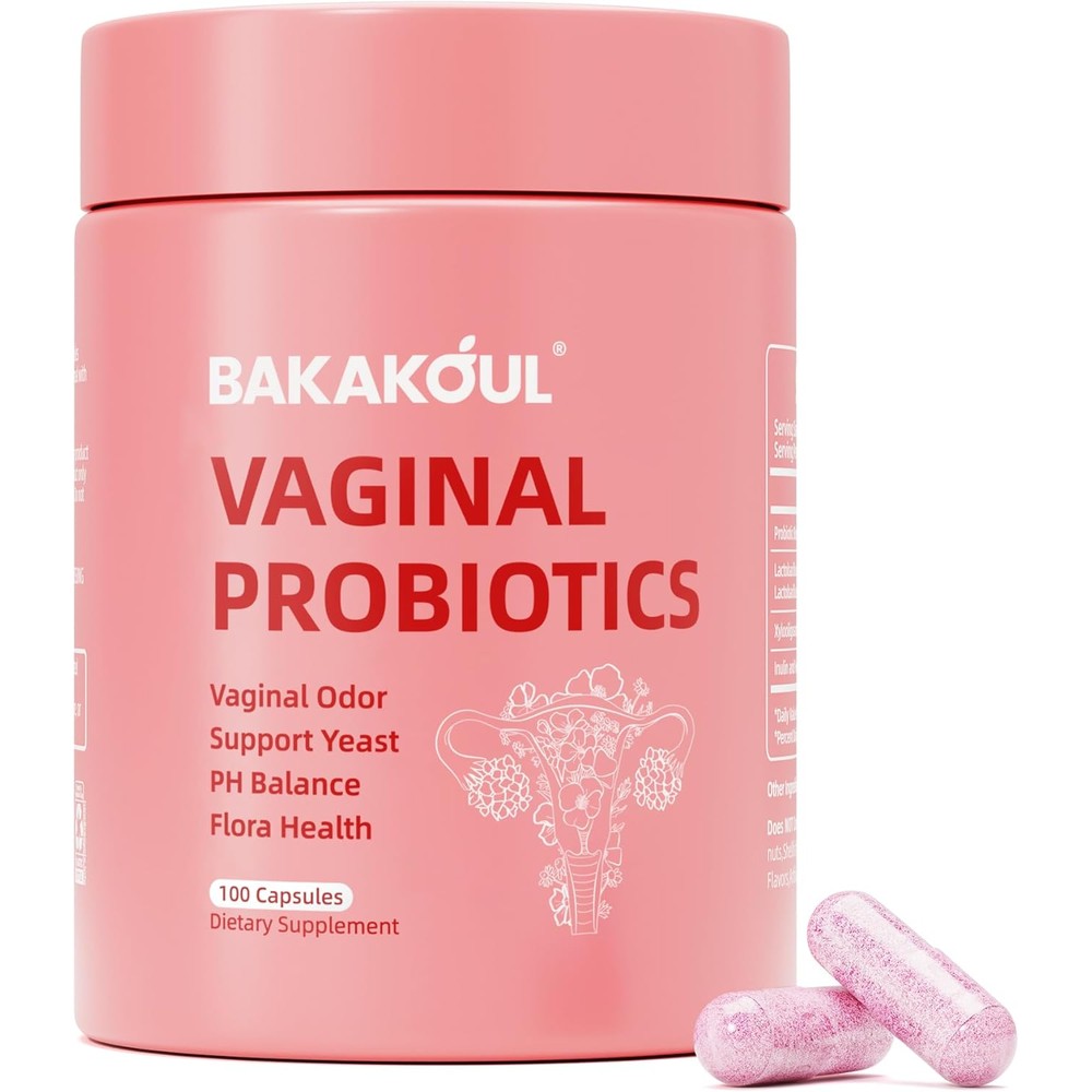 Bakakoul Vaginal Probiotic 100 capsules front view pink bottle for women intimate wellness