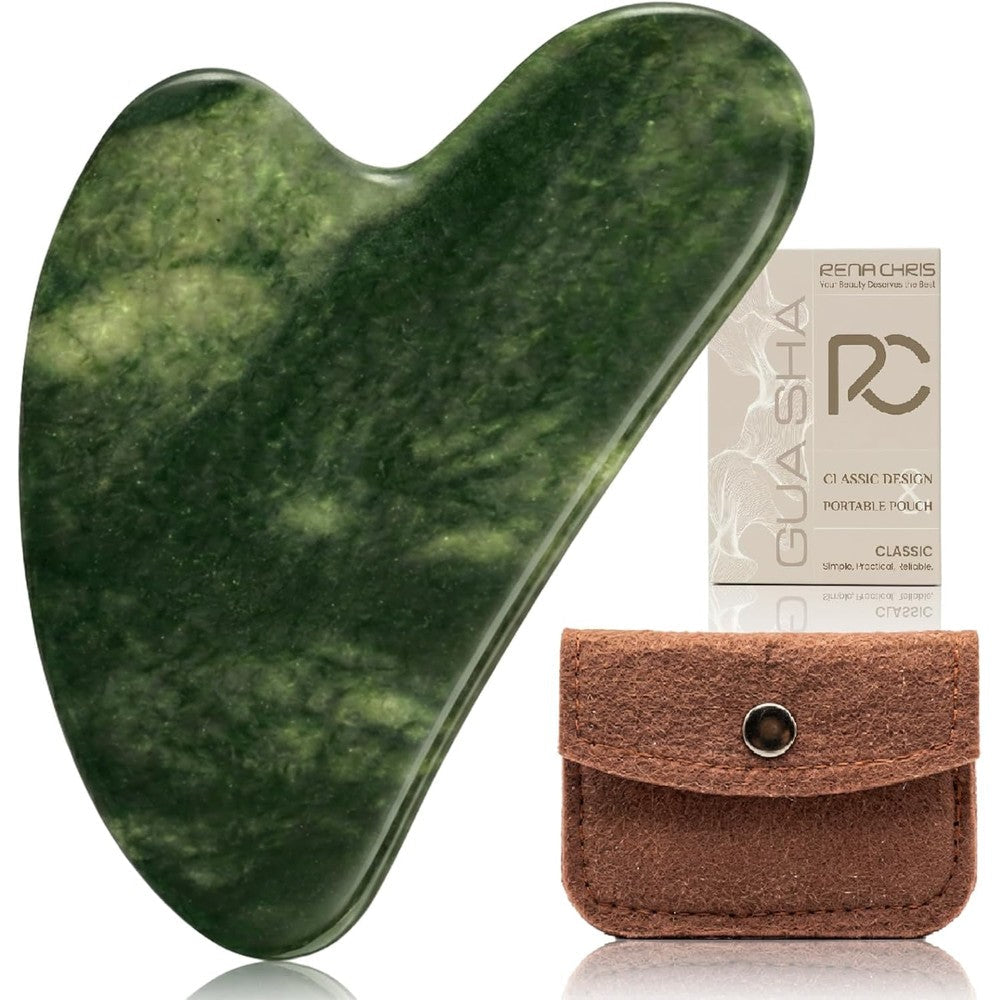 Rena Chris Gua Sha natural jade stone tool front view for facial massage.