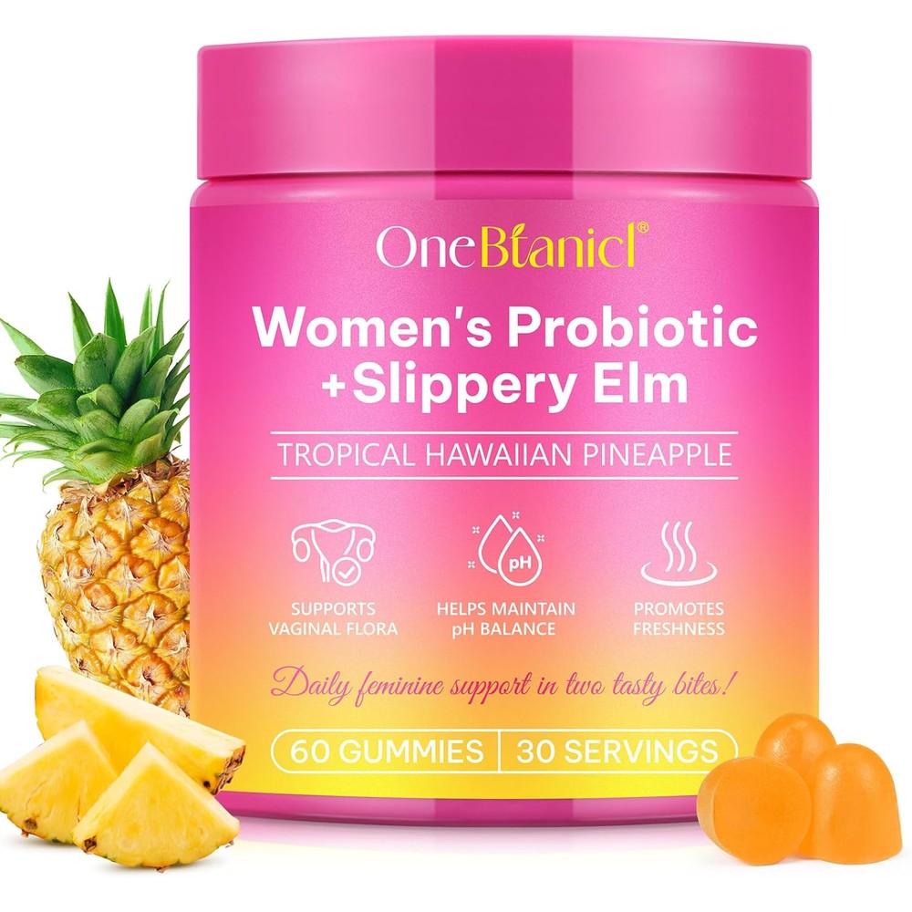 BnHUlMXw Womens Prebiotic Plus Slippery Elm 60 gummies front bottle view for vaginal pH balance