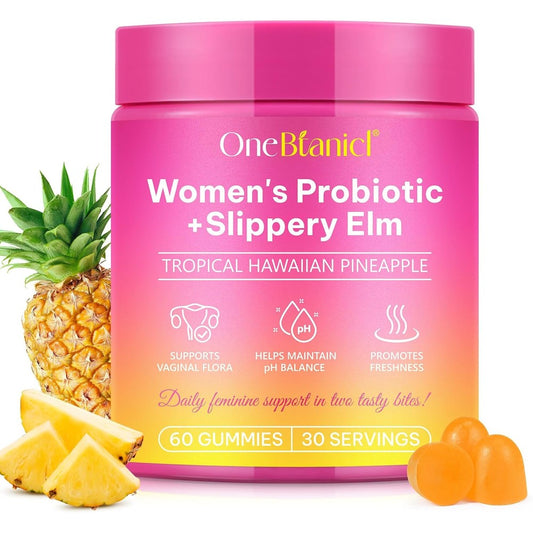 BnHUlMXw Womens Prebiotic Plus Slippery Elm 60 gummies front bottle view for vaginal pH balance
