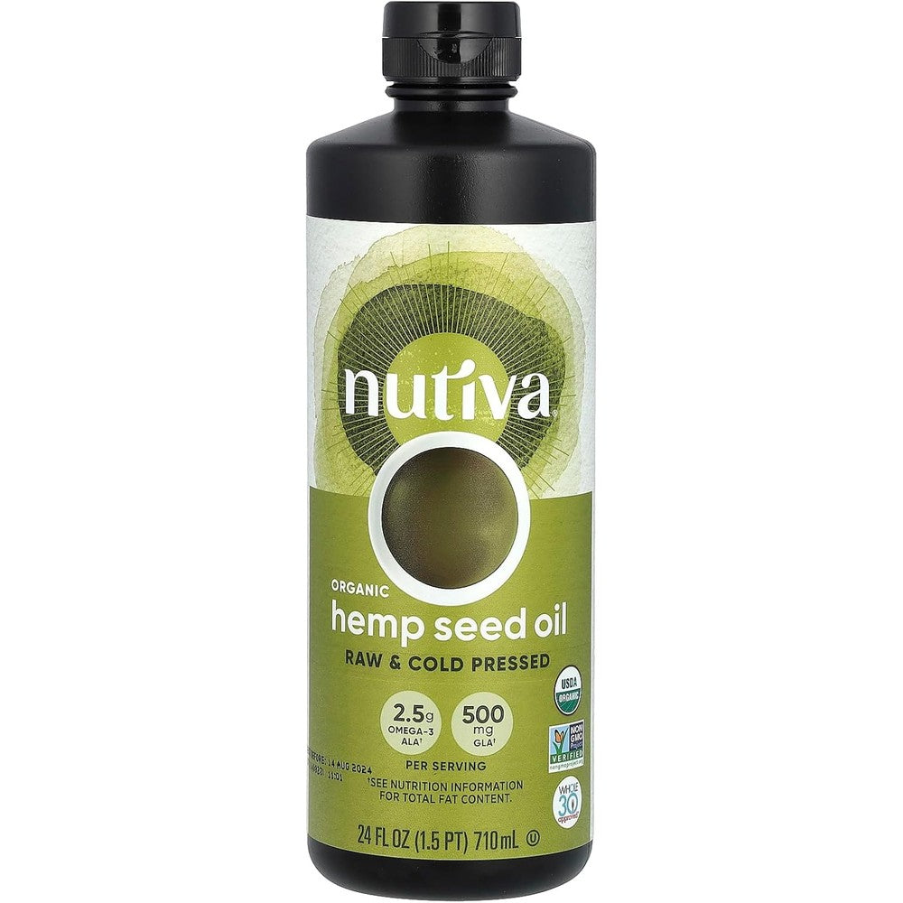 Nutiva organic cold-pressed raw hemp seed oil front view bottle