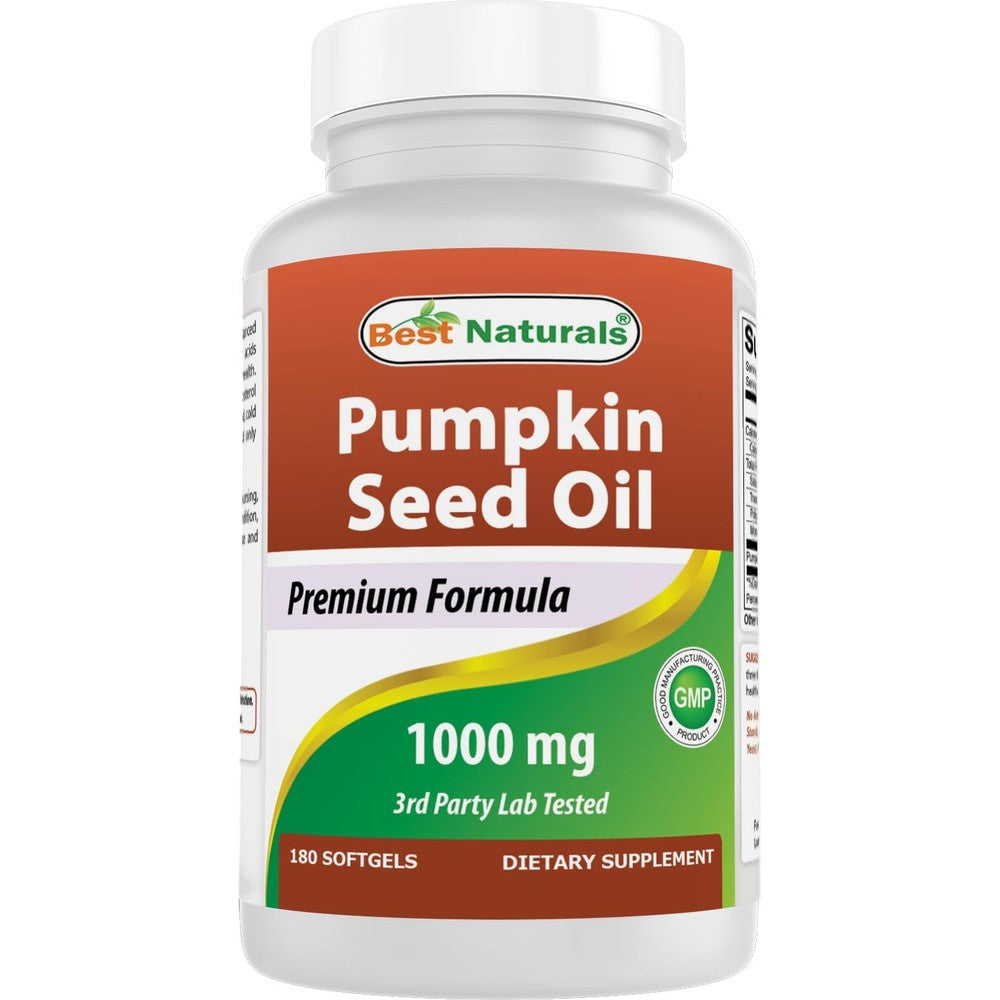 Best Naturals Pumpkin Seed Oil front view bottle packaging with 180 softgels