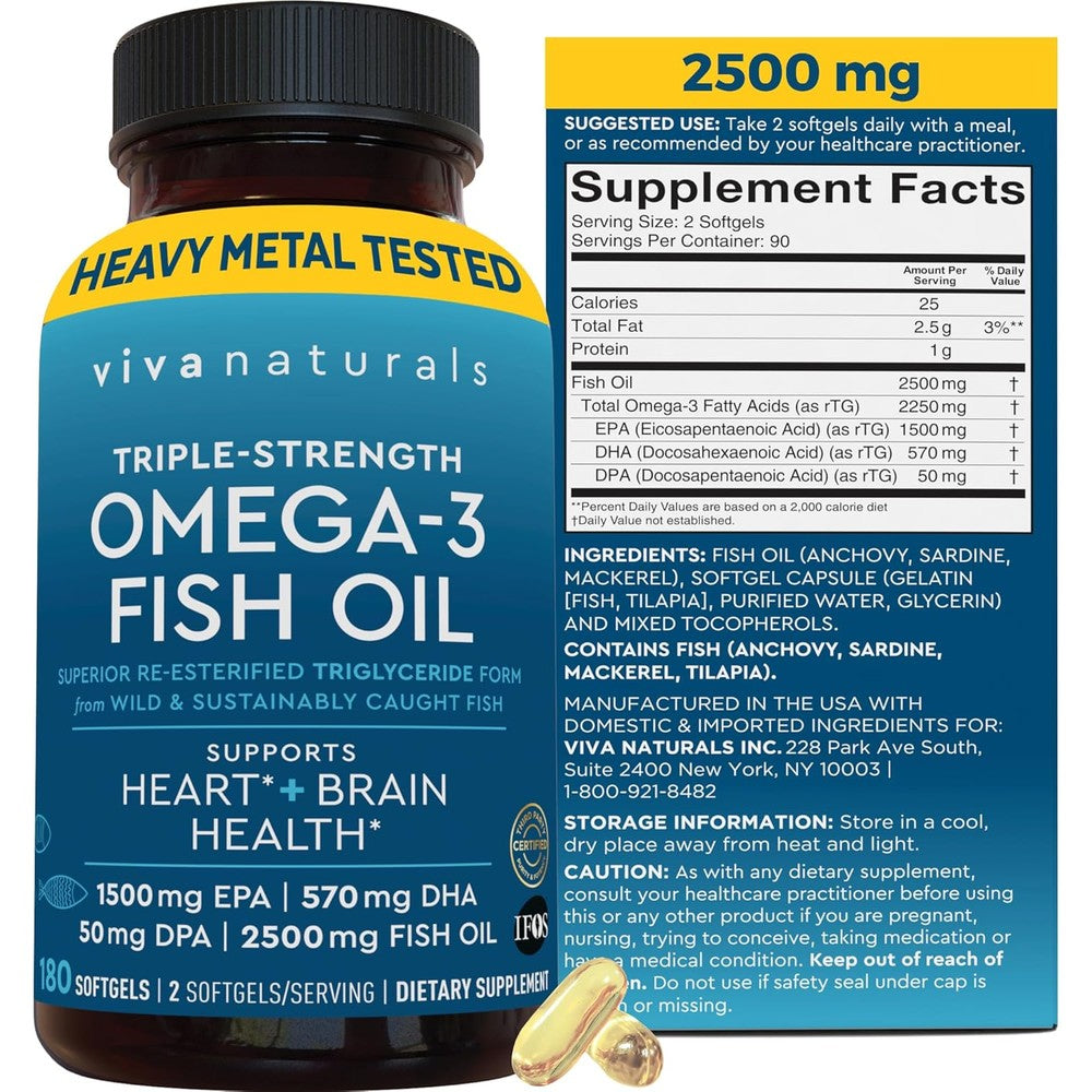 Viva Naturals triple strength omega 3 fish oil front view supplement bottle