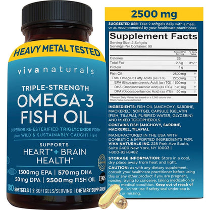 Viva Naturals Triple Strength Fish Oil 2500mg bottle front view