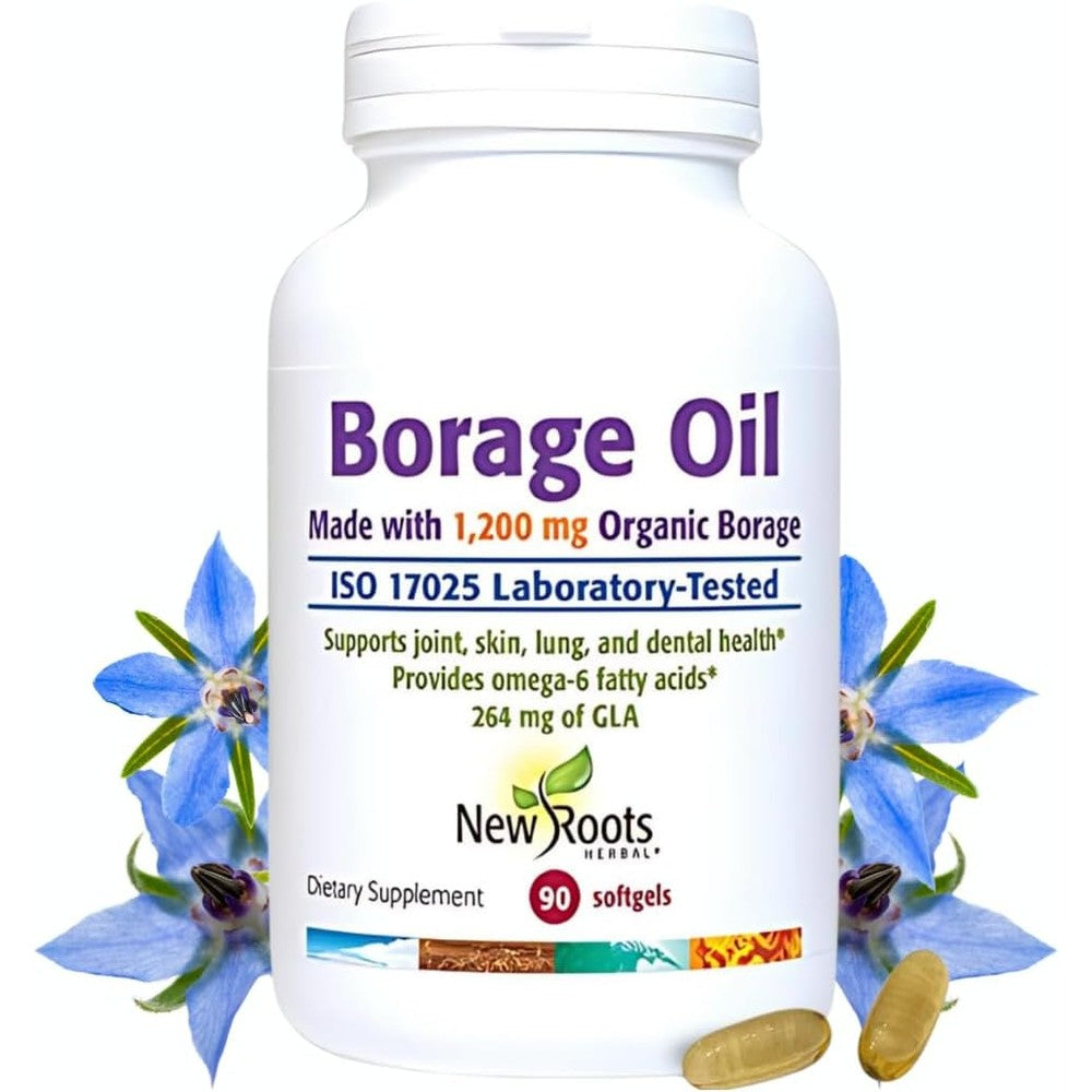New Roots Herbal Borage Oil Supplement front view of bottle packaging