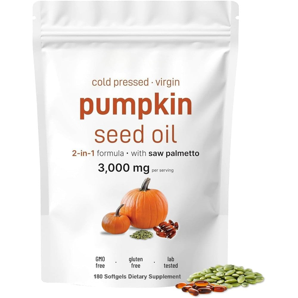 Generic Pumpkin Seed Oil and Saw Palmetto 180 softgels bottle front view