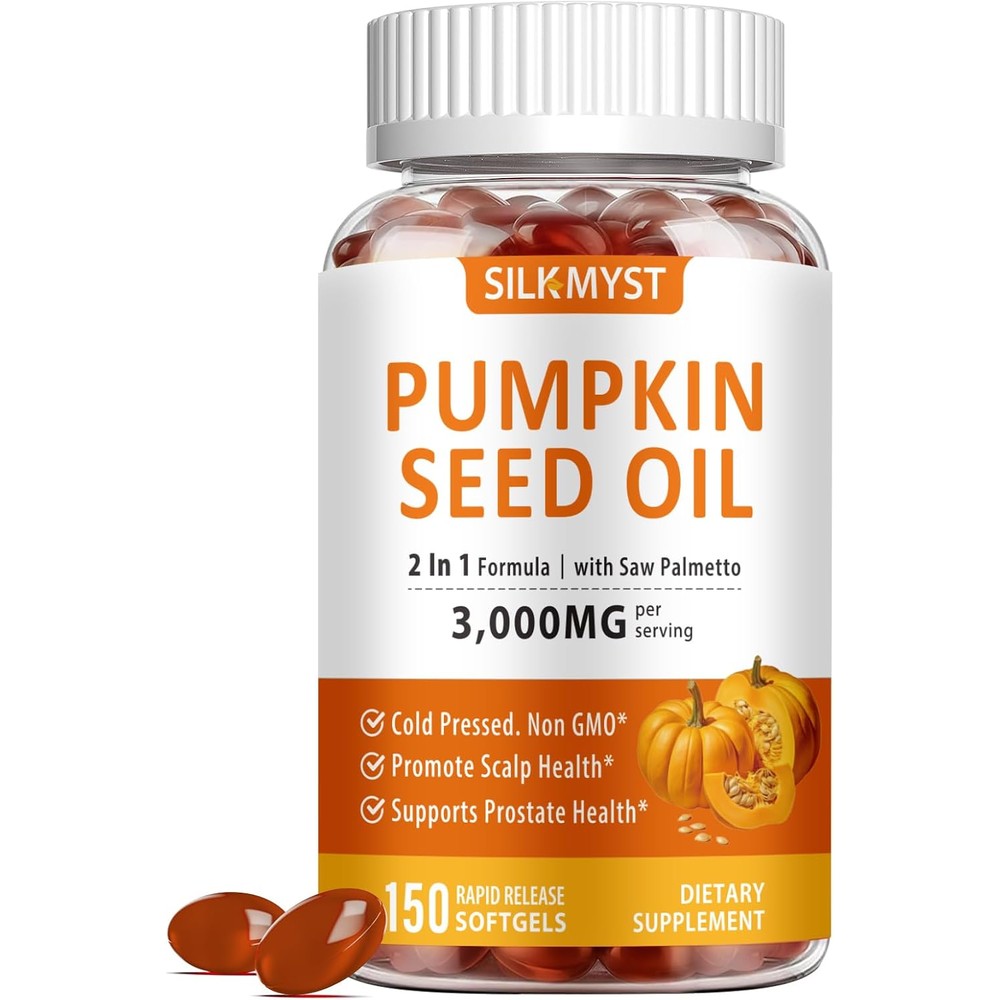 Silkmyst Pumpkin Seed Oil With Saw Palmetto front bottle view with softgels