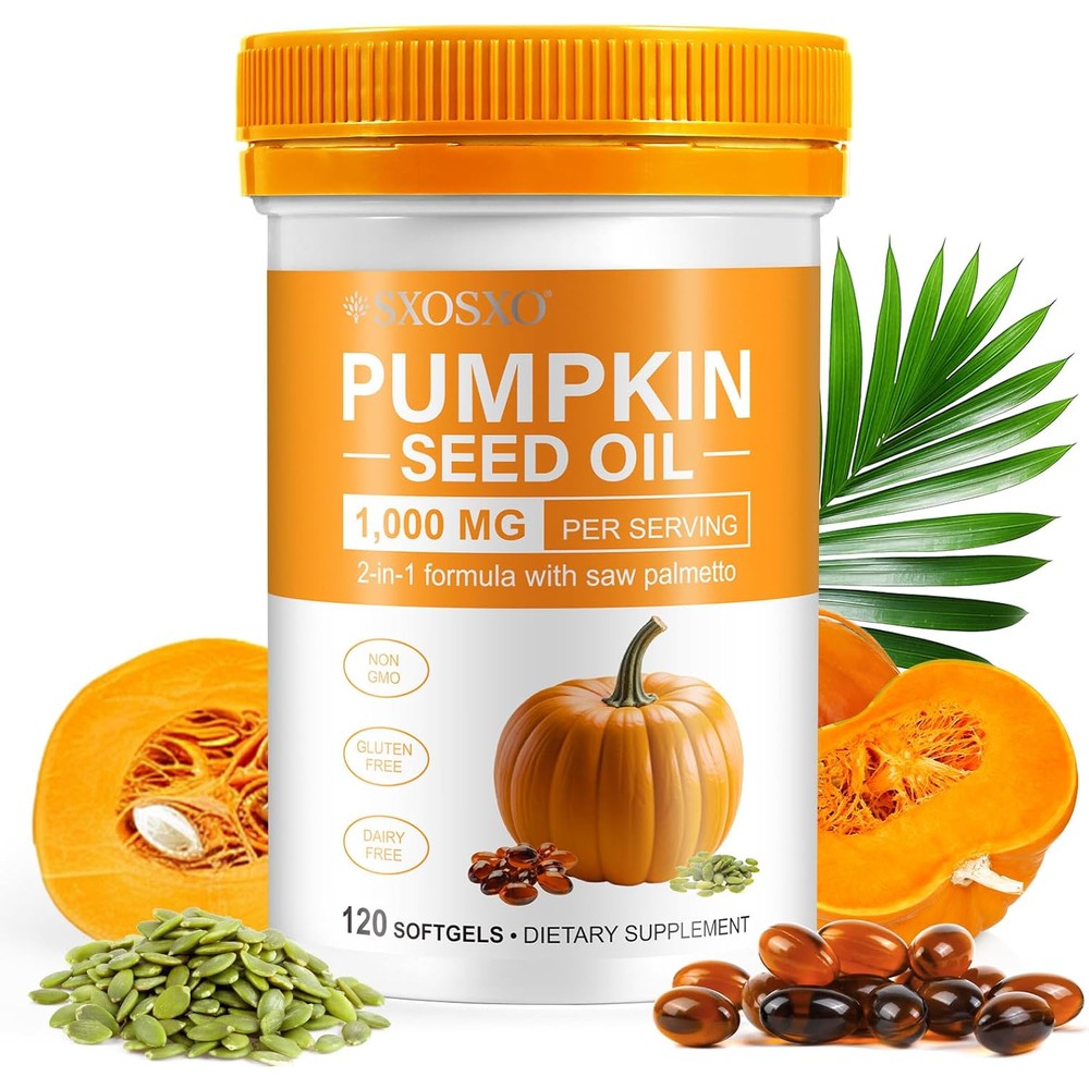 Sxosxo Pumpkin Seed Oil with Saw Palmetto 120 Softgels front view for hair growth