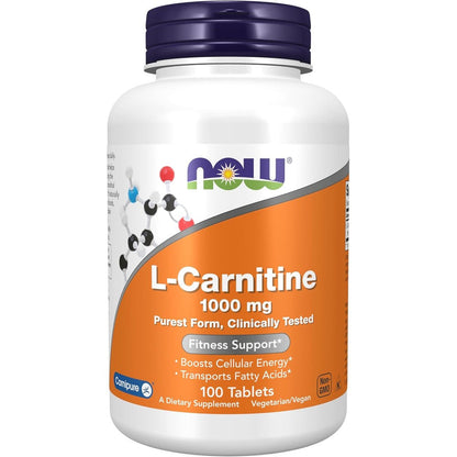 NOW Foods L-Carnitine 1000mg 100 Tablets front view showing fitness support label