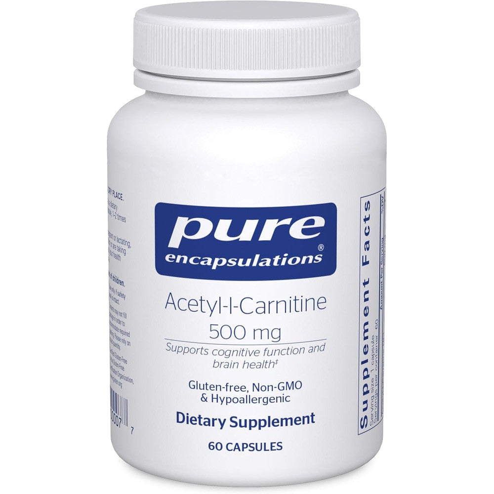 Pure Encapsulations Acetyl-L-Carnitine 500 mg bottle front view for cognitive support.