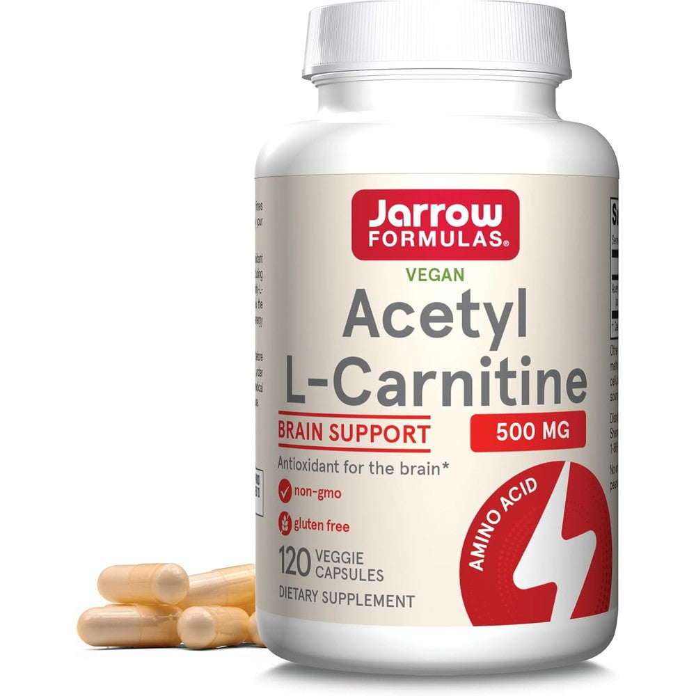 Jarrow Formulas Acetyl L-Carnitine 500mg 120 Veggie Capsules front view showcasing the premium cognitive support dietary supplement bottle.